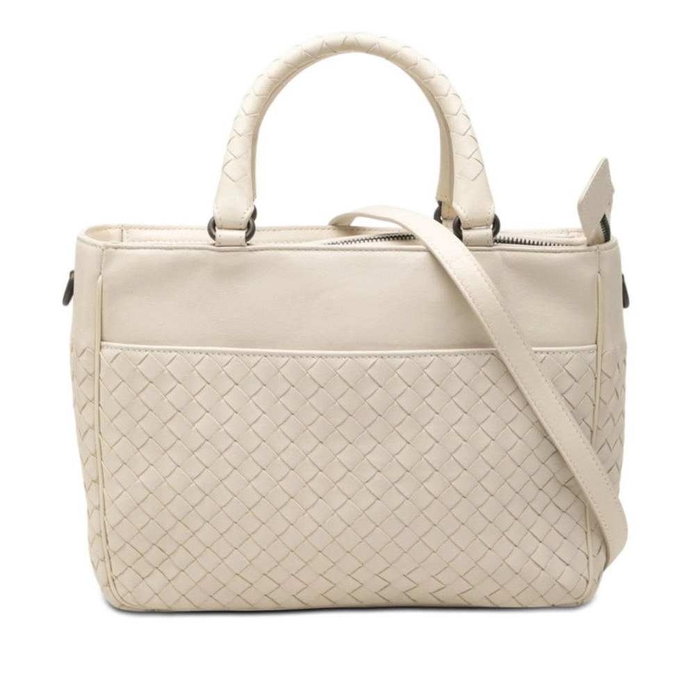 Bottega Veneta Intrecciato Handbag Shoulder Bag 2-Way Ivory Leather Women's B...